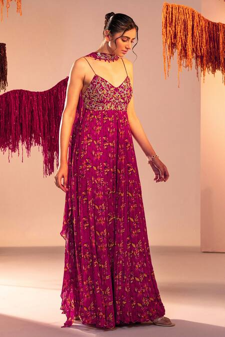 Silky Bindra Purple Georgette, Satin Hibiscus Floral Print Anarkali With Choker Dupatta Online at Aza Fashions Silky Bindra_Purple Georgette, Satin Hibiscus Floral Print Anarkali With Choker Dupatta _Online_at_Aza_Fashions