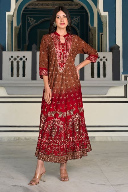 BAIRAAS Red Rayon Embellished Bohemian Notched Round Collar Elephant And Pattern Dress
