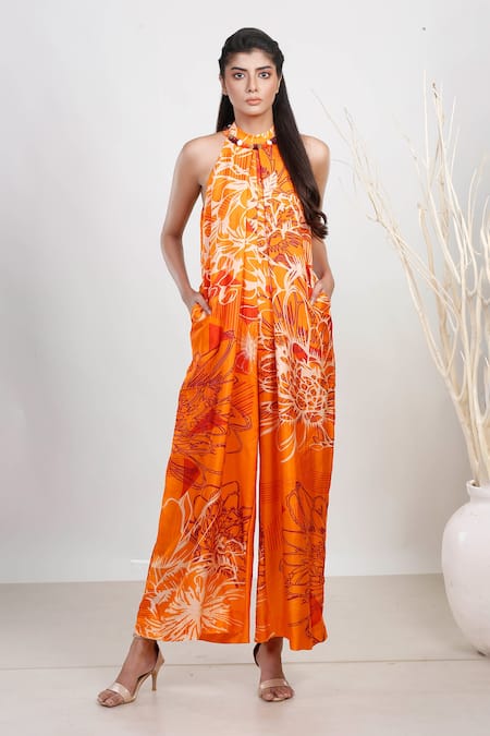 Garo Orange Russian Silk Floral Round And Abstract Pattern Jumpsuit 