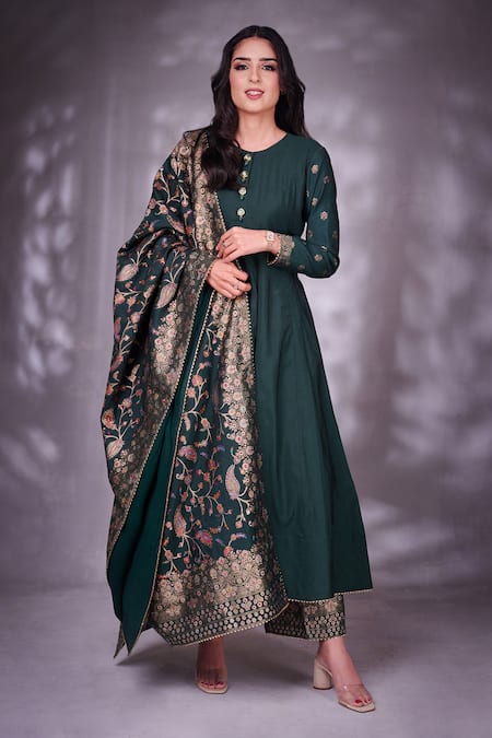 Green Silk Anarkali Full Sleeve Dress With Multi Work - House of Surya