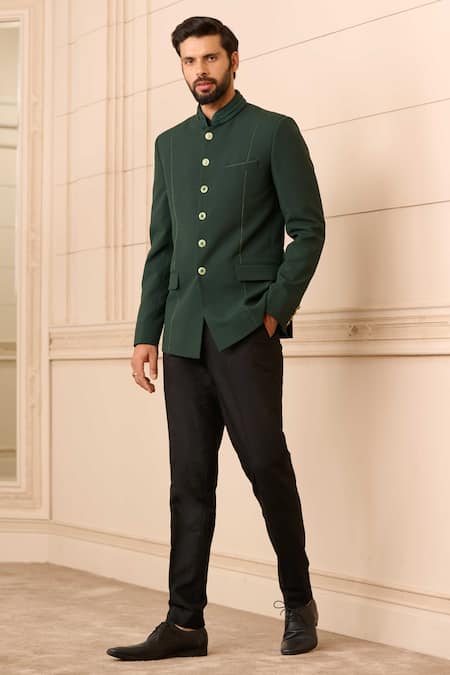 Tarun Tahiliani Emerald Green Bandhgala  Suiting Fabric Plain Fluted Collared Trouser Set 