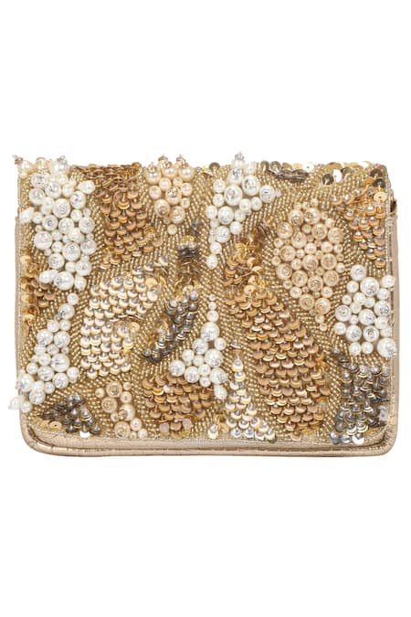 Fuchsia Gold Lights Leather Embroidered Clutch 