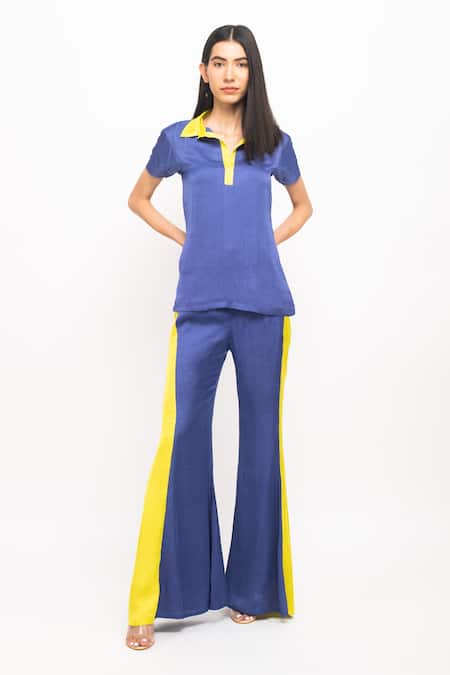 Neora By Nehal Chopra Blue Bemberg Modal Silk Solid Collared Half Sleeve Top And Pant Set 