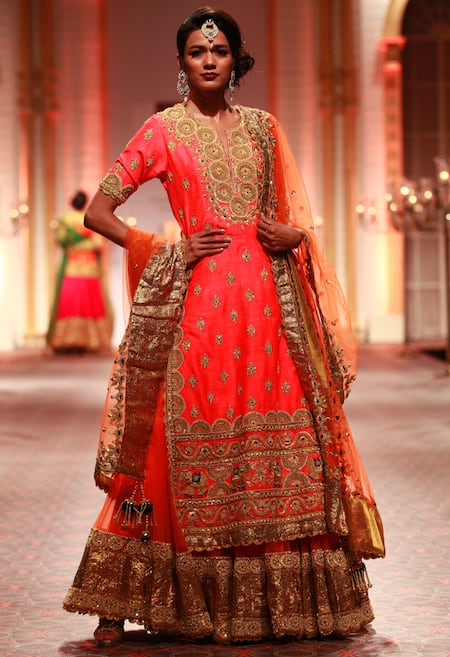 Preeti S Kapoor Pink Kurta Silk Lehenga Embroidered Zardozi Notched Set For Women