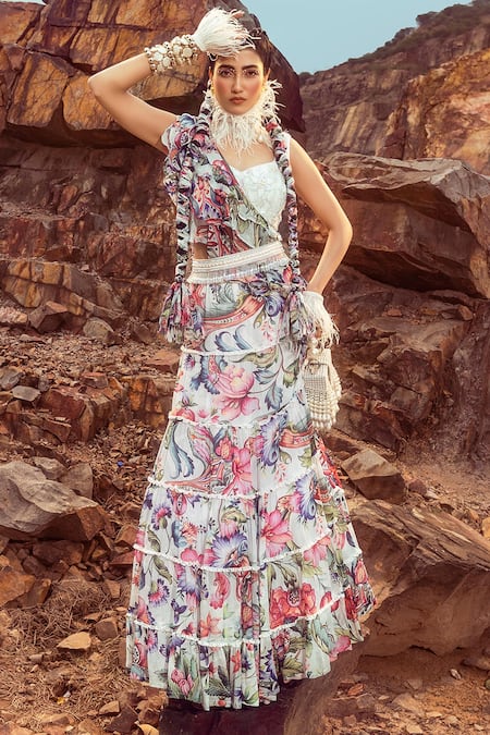 Akanksha Mago Multi Color Skirt And Dupatta Georgette Printed Floral Sweetheart Layered Set
