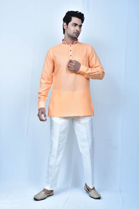 Samyukta Singhania Orange Kurta Linen Cotton Contrast Collar And Pant Set