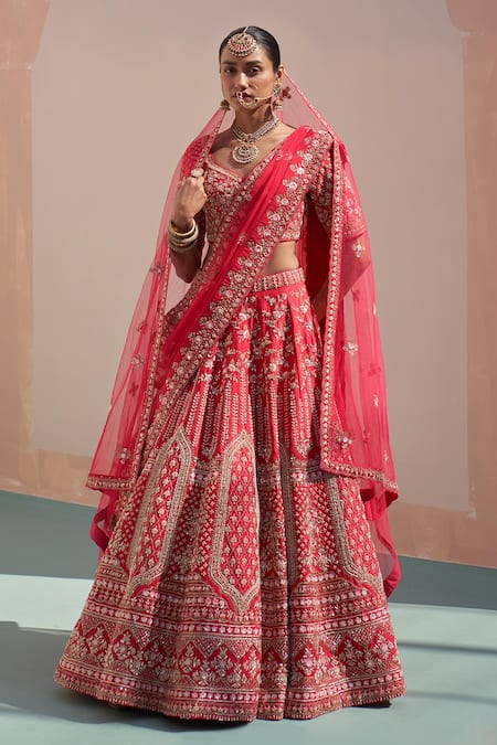 Angad Singh Red Silk Cut Work, Zari Zardozi Floral Pattern Embroidered Bridal Lehenga Set 