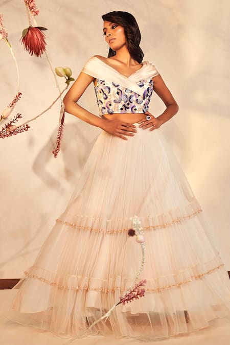 Babita Malkani Embroidered Off Shoulder Top & Tiered Lehenga Set 