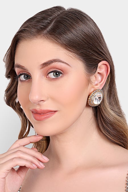 Shop Auraa Trends White Diamonds, Stones Kundan Embellished Stud Earrings at Aza Fashions Shop_Auraa Trends_White Diamonds, Stones Kundan Embellished Stud Earrings _at_Aza_Fashions