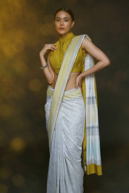 Buy_Sanjev Marwaaha_Yellow Chanderi Printed Floral Band Collar Block Saree With Blouse_Online_at_Aza_Fashions