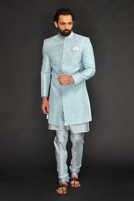 Buy Sky Blue Vis Silk And Spun ; Lining: 100% Sherwani Set For Men by ...