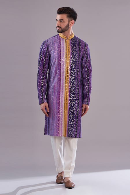 Kasbah Purple Georgette Embroidered Striped Pattern Sequin Kurta 