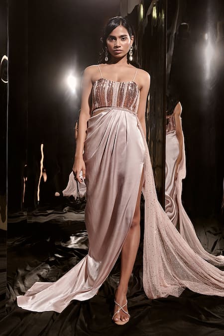 Masumi Mewawalla Sequin Embroidered Draped Gown 