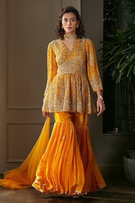 Kisneel by Pam Yellow Embroidered Tie-dye V Neck Peplum Kurta Gharara Set 