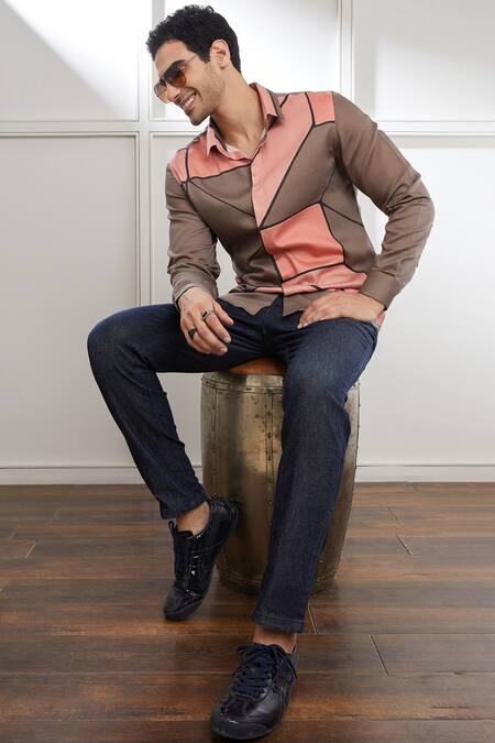 Seven_Brown Cotton Satin Space Guard Abtract Print Shirt_at_Aza_Fashions