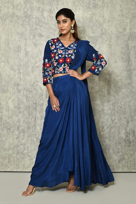 Nazaakat by Samara Singh Blue Habutai And Bamber Silk Embroidery Flower Blouse With Draped Lehenga Saree