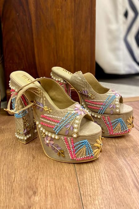 Tiesta Grey Beads, Applique Noor Embellished Block Heels 