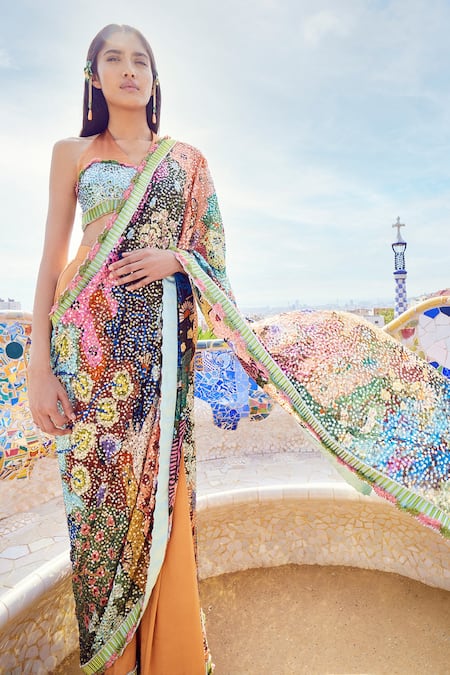 Aisha Rao Trencadis Pattern & Sequin Work Saree With Blouse 