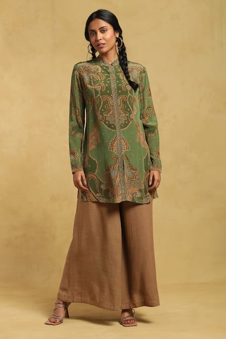 Ritu Kumar Green Rayon Crepe Paisley Band Collar Kurta 