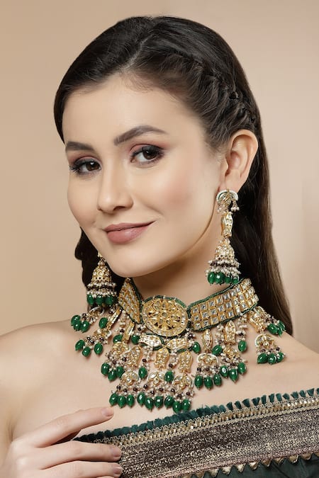 Shop Dugran By Dugristyle Gold Plated Pearls, Fabric Flowers, Diamonds Kundan Embellished Long Jhumkis at Aza Fashions Shop_Dugran By Dugristyle_Gold Plated Pearls, Fabric Flowers, Diamonds Kundan Embellished Long Jhumkis _at_Aza_Fashions