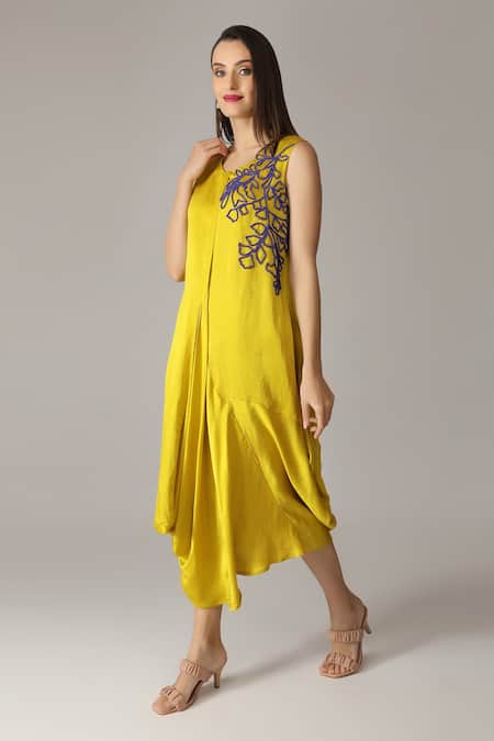 Buy Yellow Silk Cotton Cowl Draped Dress With Embroidered Jacket For Women  by Rishi and Soujit Online at Aza Fashions.