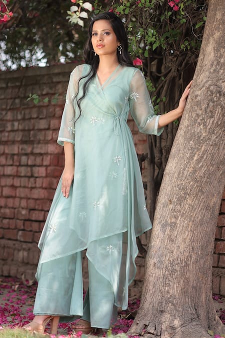 House Of Tushaom Green Organza Embroidery Cutdana V Neck Angrakha And Flared Pant Set 