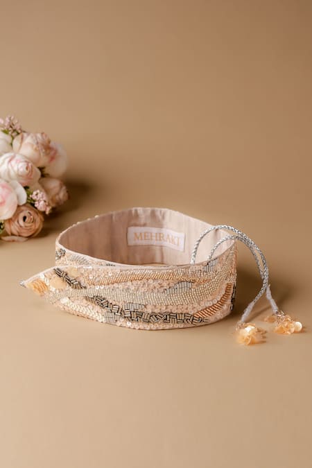 Shop_Mehraki_Beige Sequin Wave Embroidered Belt _at_Aza_Fashions