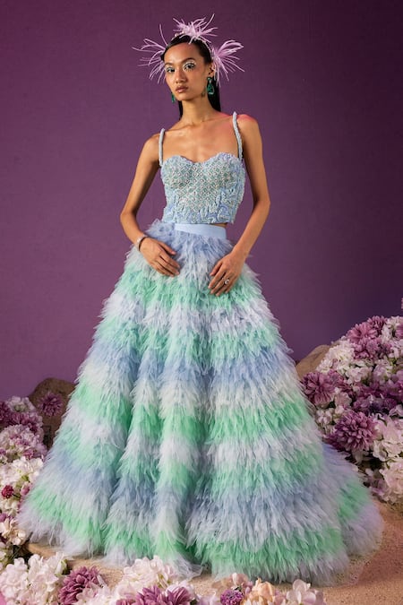 Mala and Kinnary Blue Net Embellishment Sequin Sweetheart Neck Ombre Tiered Lehenga And Corset Set 