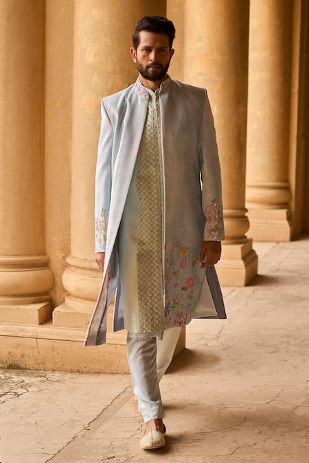 Blue velvet sherwani outlet designs