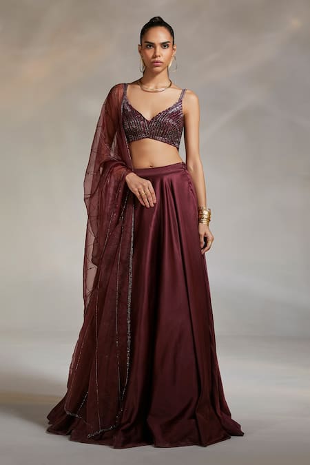 Divya Aggarwal Wine Blouse Georgette Lehenga Heavy Satin Dupatta Organza Alano Flared Set 