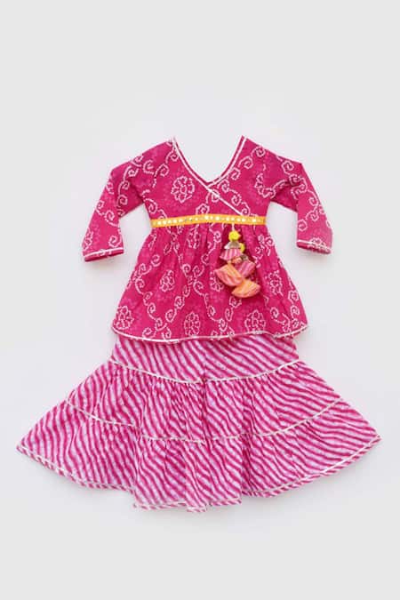 Fayon Kids Pink Cotton Tassels, Mirrors Bandhani Print Kurta And Sharara Set
