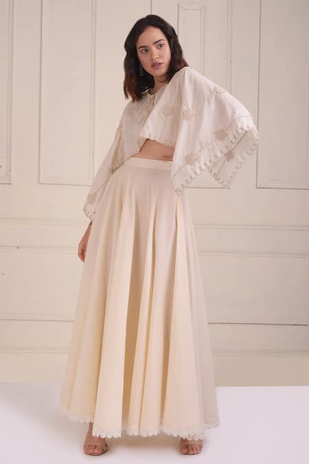 Shwetanga Ivory Cotton Diamonds, Embroidery, Lace Organic Top And Sharara Set 