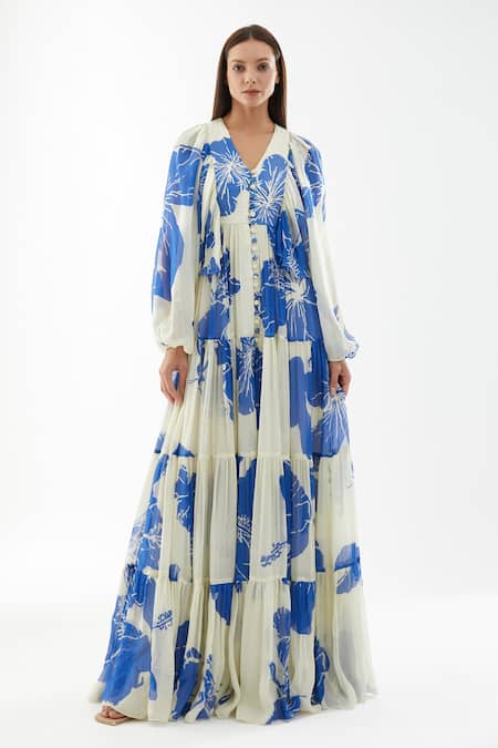 Koai_Blue Chiffon Floral V Neck Balloon Sleeve Dress _Online_at_Aza_Fashions