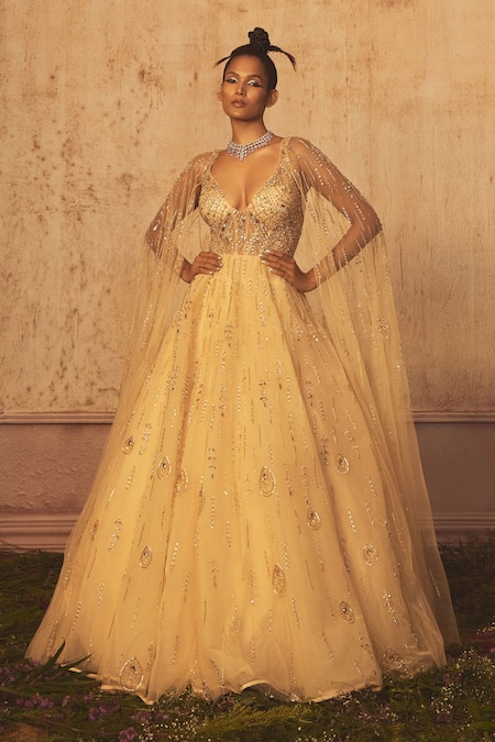 Buy Champagne Gold Angelic Net Gown With Mirror Work And Ruffle Sleeves -  NOOR 2022 KALKI Fashion India