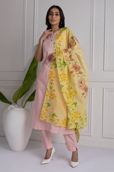 HOUSE OF TA-YA Tonal Embroidered Straight Kurta Set 