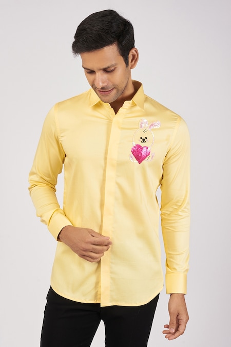 Sanjana reddy Designs Yellow Stretchable Cotton Hand Embroidered Bunny Shirt 