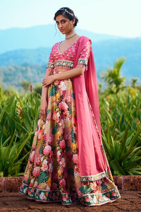 LASHKARAA Multi Color Silk Print Floral V Neck Vintage Flower Vine Lehenga Set 