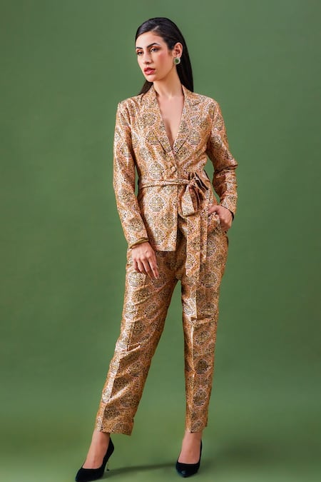 FUGA Multi Color Mango Silk Print Floral Mandala Taupe Pattern Blazer And Pant Set 