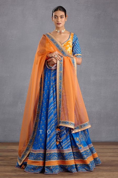 Printed Art Silk Lehenga in Blue and Orange | lovelyweddingmall.com