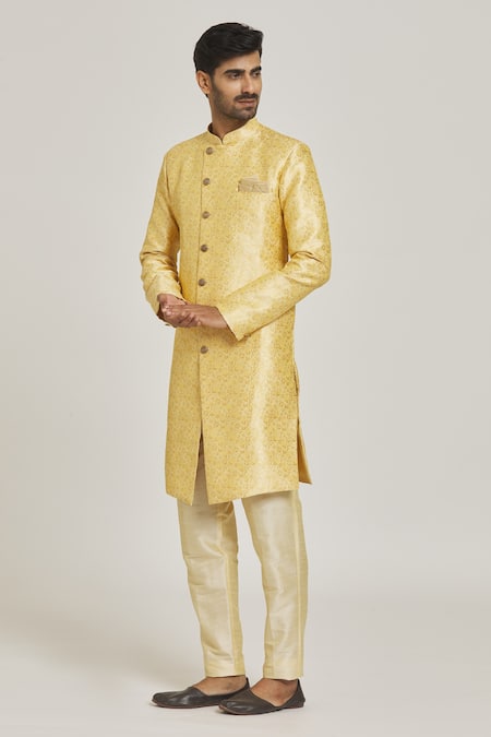Adara Khan Beige Sherwani Banarasi Jacquard Floral Pattern And Gold Pant Set