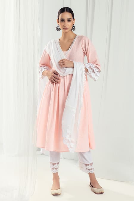 Roze Peach Cotton, Chiffon Lace, Embroidery Aura Neckline Embellished Anarkali Set 