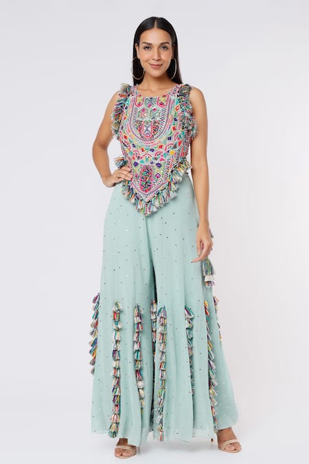 Payal Singhal Blue Georgette Tassels Round Neck Geometric Embroidered Choli And Sharara Set 