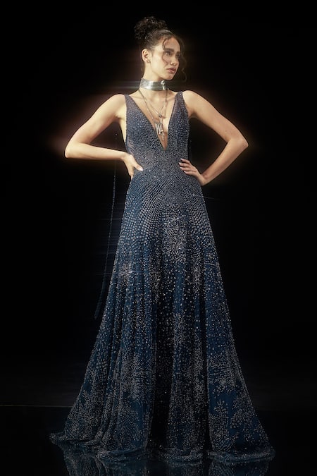 Rohit Gandhi + Rahul Khanna Blue Tulle Embellishment Sequin And Crystal Beads V Neck Relic Fit & Flare Gown 