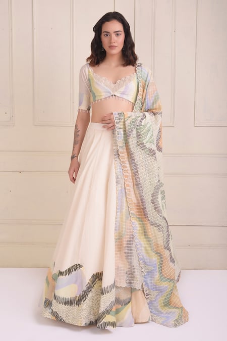 Shwetanga Placement Print Organic Cotton Lehenga Set 