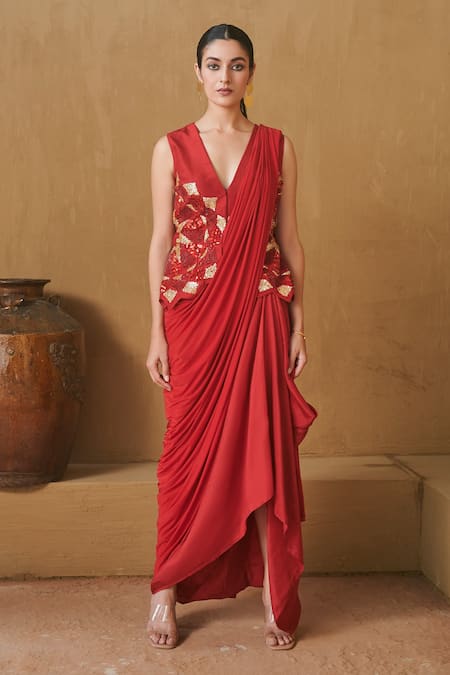 Studio Radical Red Jacket And Skirt 100% Pure Silk Embellished & Saree Set 