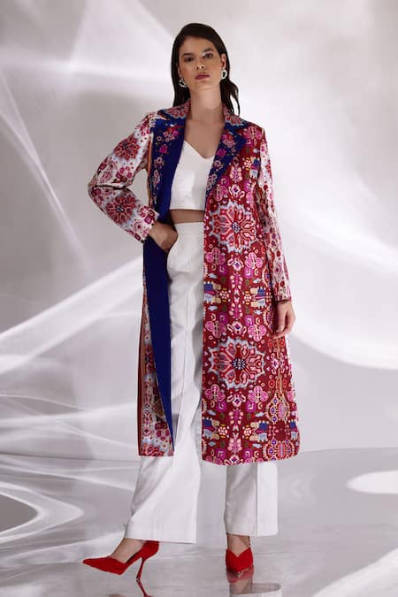 Buy White Handloom Organic Cotton And Banana Silk Printed Trench Jacket ...