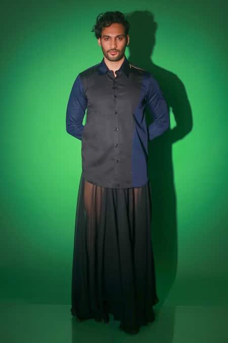 Echke Blue Cotton Contrast Diagonal Panel Shirt