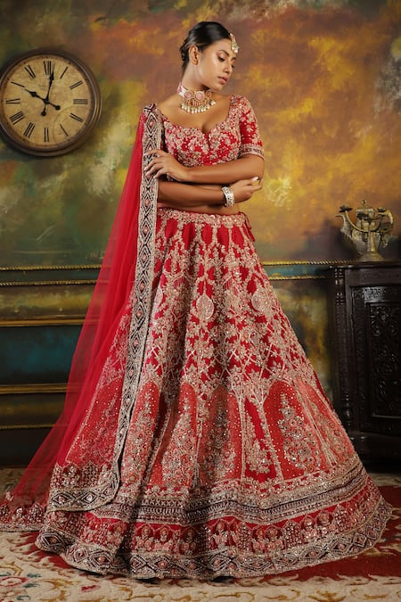 Pallavi Poddar Red Silk, Tulle Embroidery Sweetheart Neck Shaan Zardozi Bridal Lehenga Set 