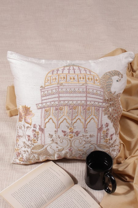 Khaabka Off White Silk Embroidery Elephant Cushion Cover - Set 2