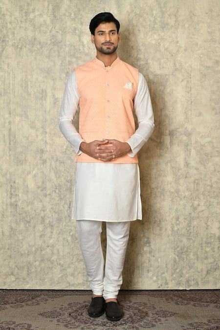 Aryavir Malhotra Geometric Chikankari Work Bundi & Kurta Set 